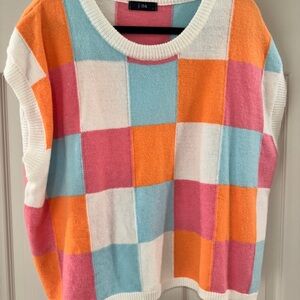 J. Jill Vibrant Checkered Sweater - Orange, Pink, Blue, White